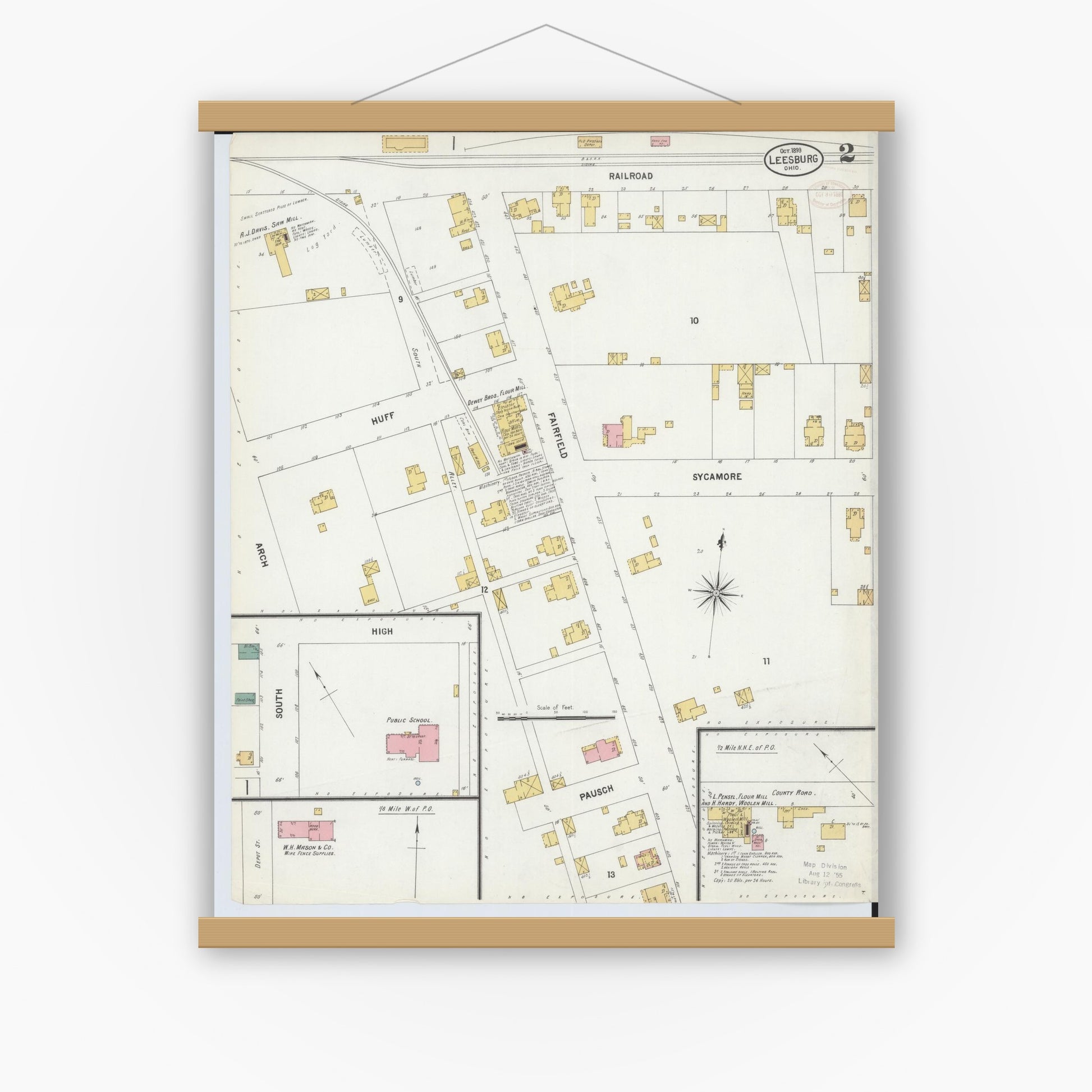 Old map wall art mockup — magnetic wood frame on white wall — Sanborn Fire Insurance Map from Leesburg, Highland County, Ohio (1899), Sheet #0002