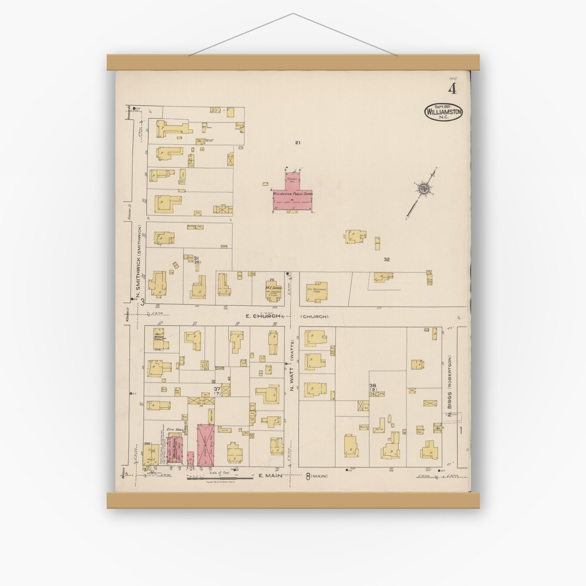 Old map wall art mockup — magnetic wood frame on white wall — Sanborn Fire Insurance Map from Williamston, Martin County, North Carolina (1921), Sheet #0004