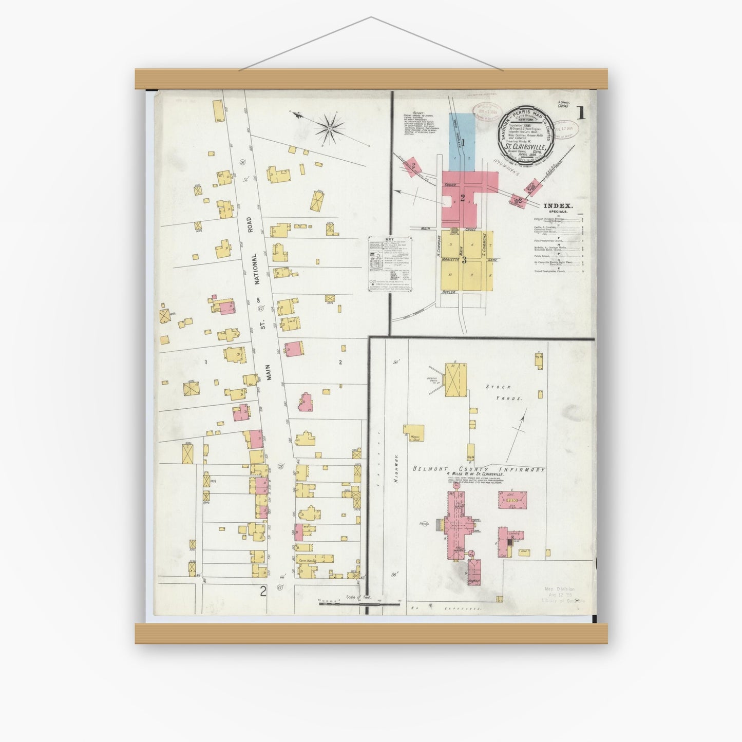 Old map wall art mockup — magnetic wood frame on white wall — Sanborn Fire Insurance Map from Saint Clairsville, Belmont County, Ohio (1899), Sheet #0001