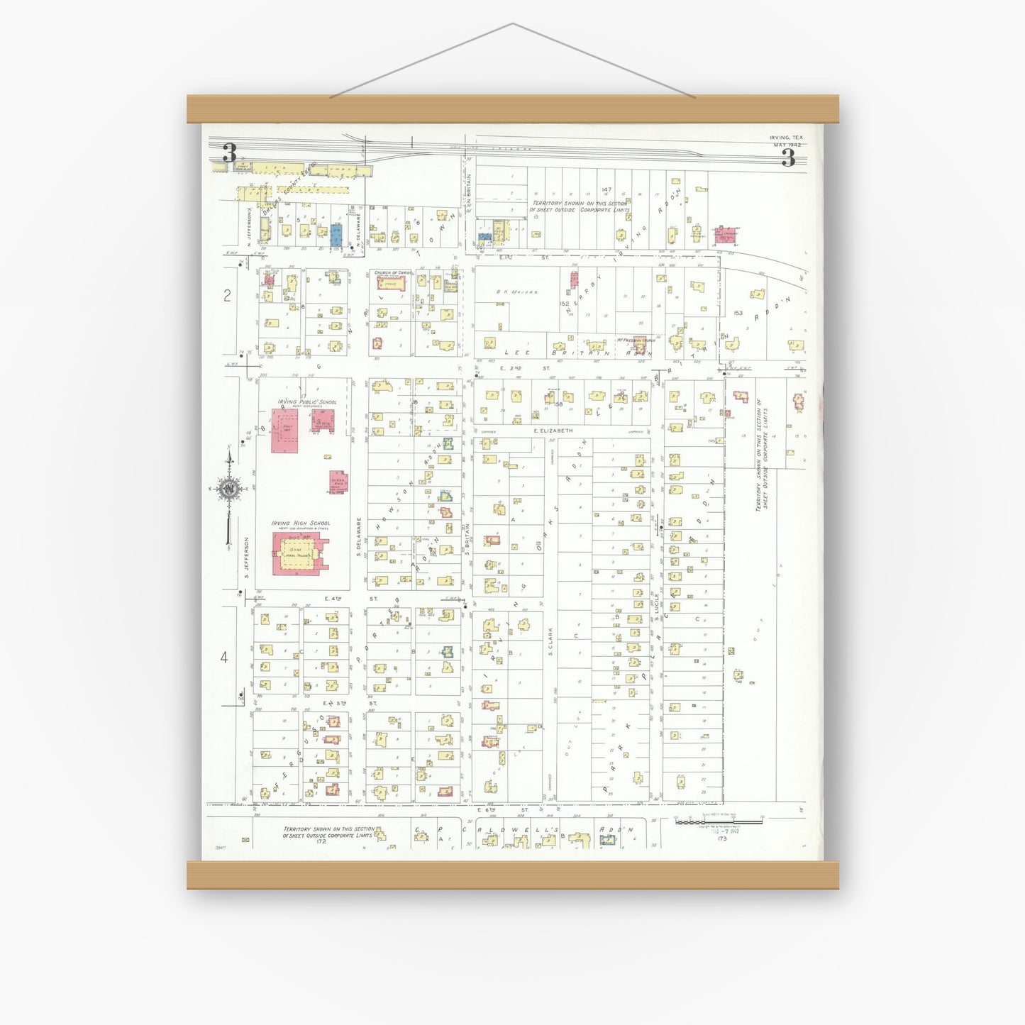 Old map wall art mockup — magnetic wood frame on white wall — Sanborn Fire Insurance Map from Irving, Dallas County, Texas (1942), Sheet #0003