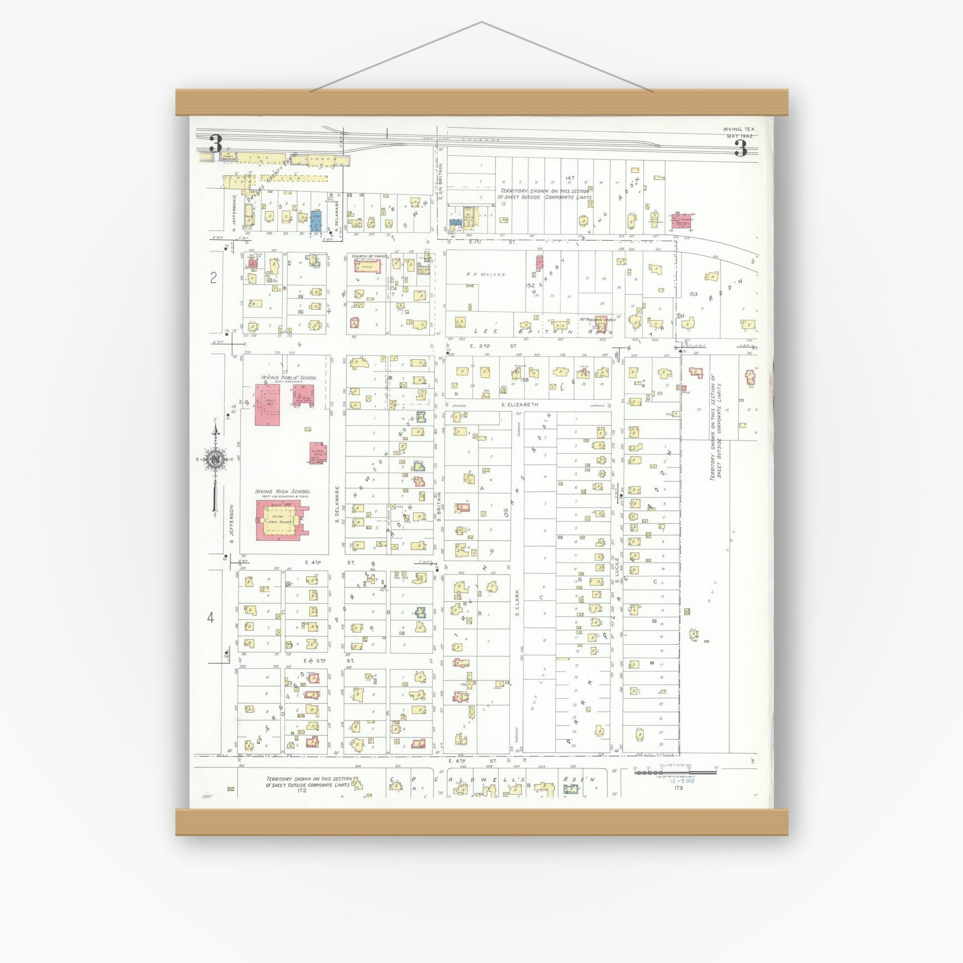 Old map wall art mockup — magnetic wood frame on white wall — Sanborn Fire Insurance Map from Irving, Dallas County, Texas (1942), Sheet #0003