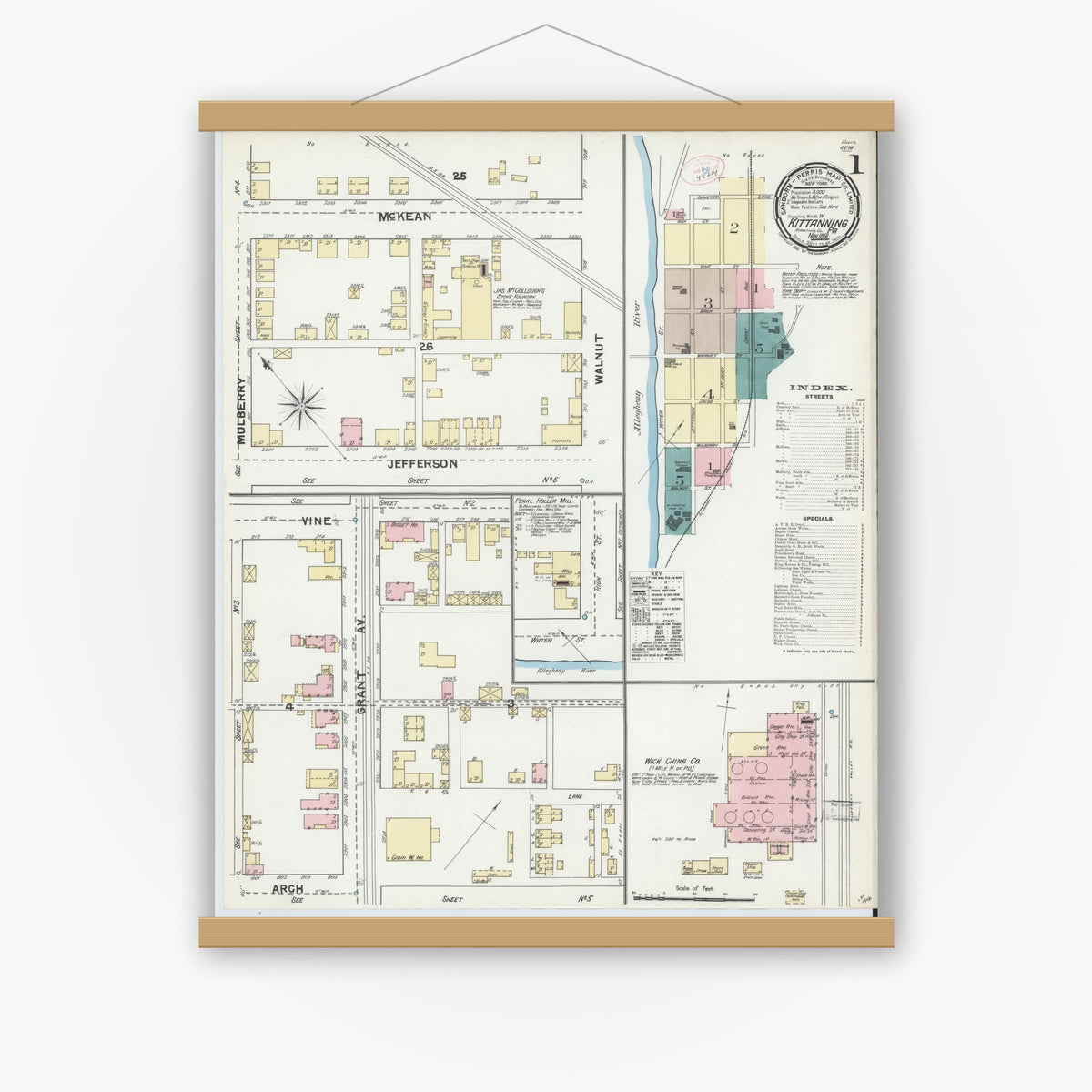 Old map wall art mockup — magnetic wood frame on white wall — Sanborn Fire Insurance Map from Kittanning, Armstrong County, Pennsylvania (1891) - Complete Map Set