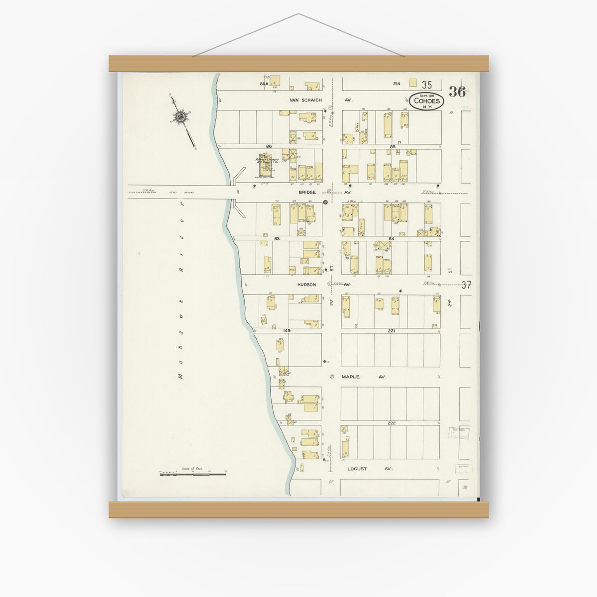 Old map wall art mockup — magnetic wood frame on white wall — Sanborn Fire Insurance Map from Cohoes, Albany County, New York (1910), Sheet #0036
