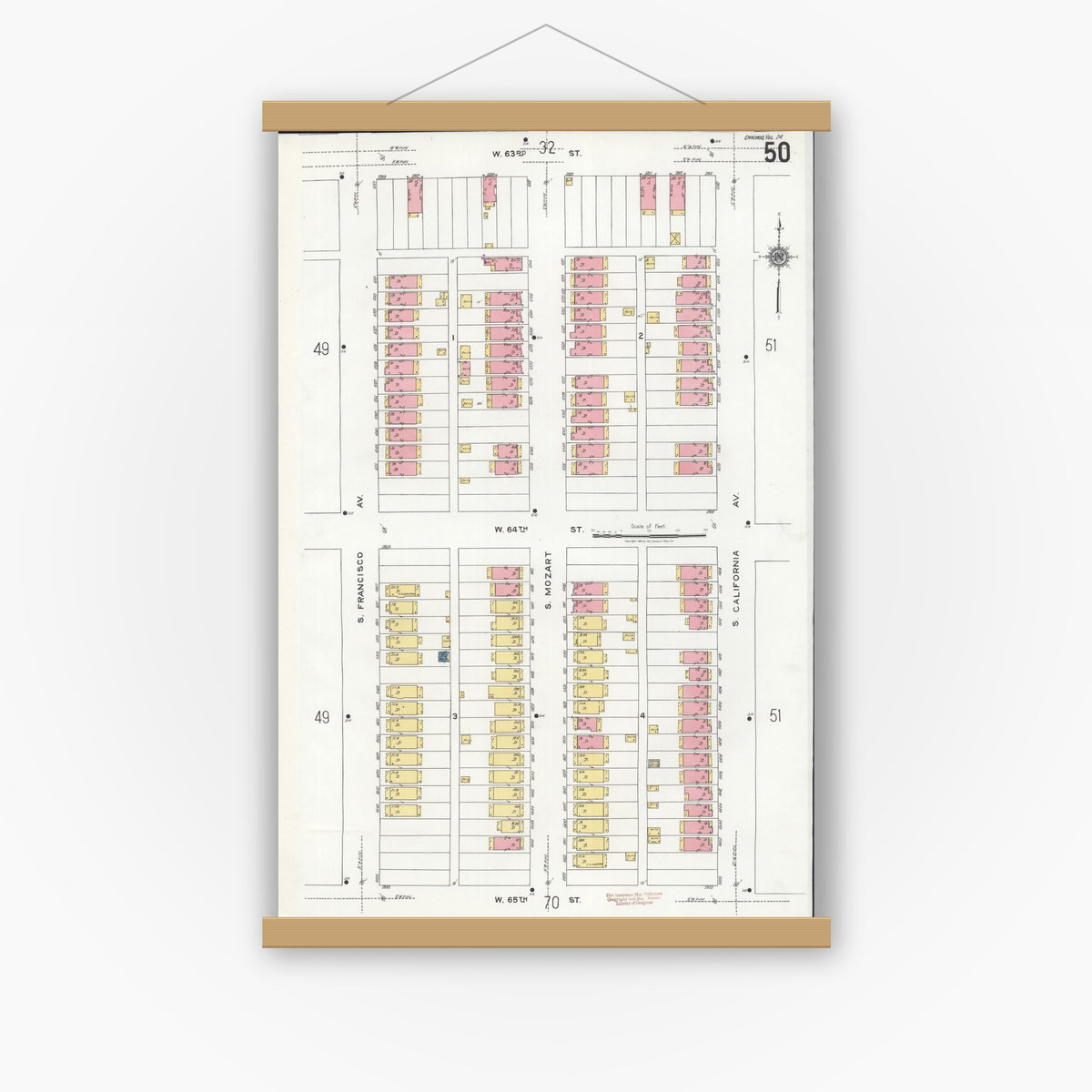 Old map wall art mockup — magnetic wood frame on white wall — Sanborn Fire Insurance Map from Chicago, Cook County, Illinois (1920), Sheet #0050