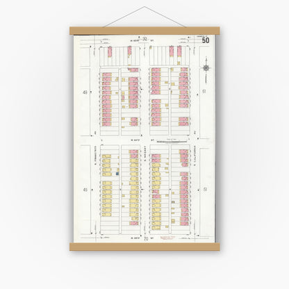 Old map wall art mockup — magnetic wood frame on white wall — Sanborn Fire Insurance Map from Chicago, Cook County, Illinois (1920), Sheet #0050