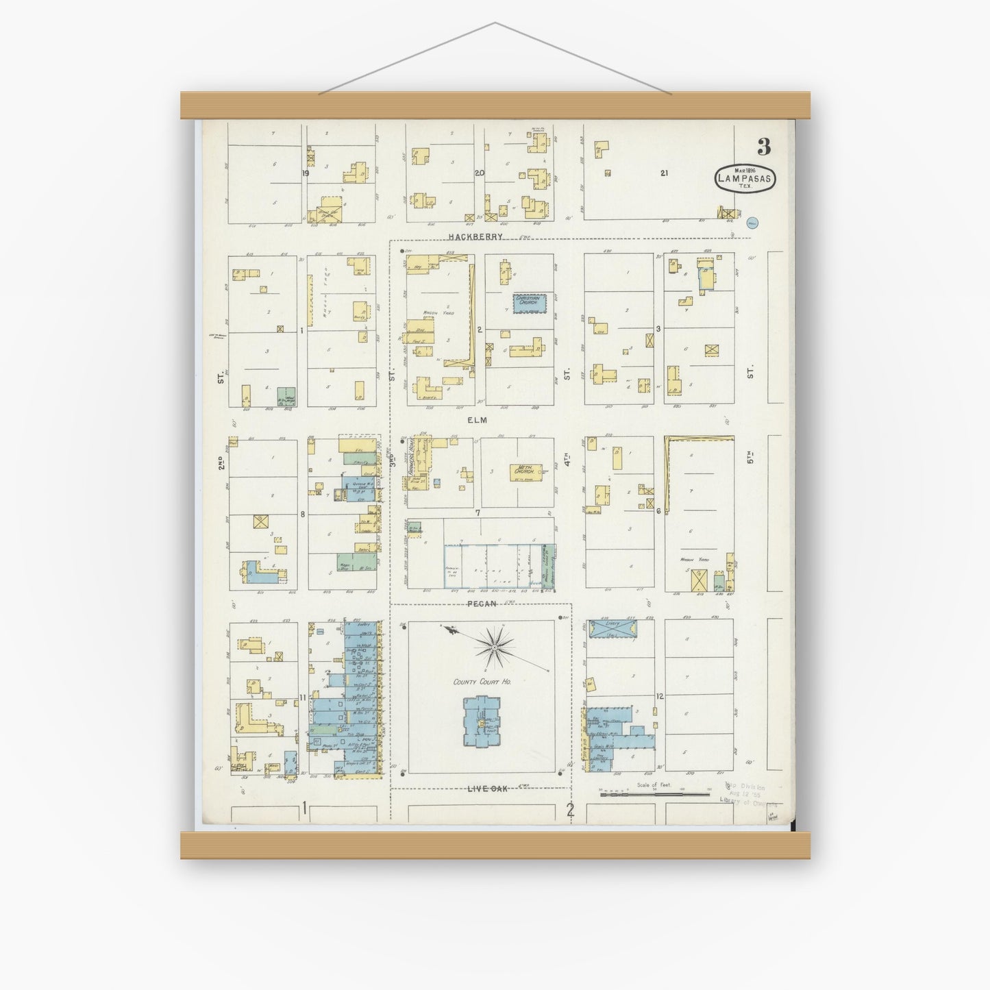 Old map wall art mockup — magnetic wood frame on white wall — Sanborn Fire Insurance Map from Lampasas, Lampasas County, Texas (1896), Sheet #0003