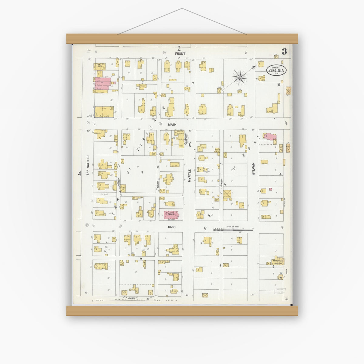 Old map wall art mockup — magnetic wood frame on white wall — Sanborn Fire Insurance Map from Virginia, Cass County, Illinois (1900), Sheet #0003