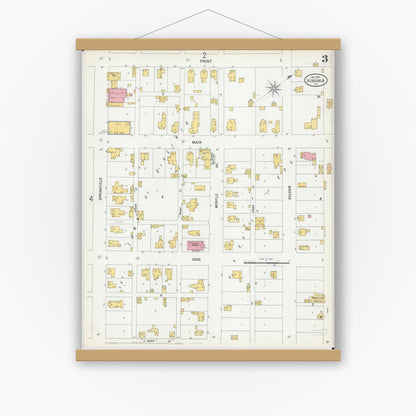 Old map wall art mockup — magnetic wood frame on white wall — Sanborn Fire Insurance Map from Virginia, Cass County, Illinois (1900), Sheet #0003
