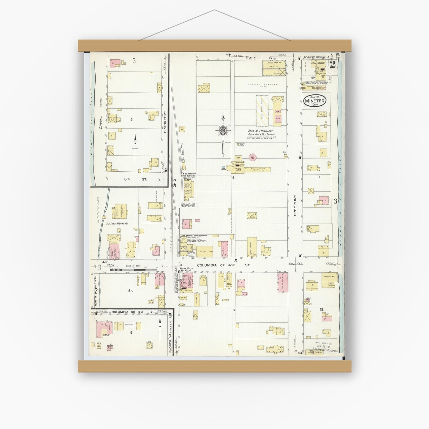 Old map wall art mockup — magnetic wood frame on white wall — Sanborn Fire Insurance Map from Minster, Auglaize County, Ohio (1914), Sheet #0002