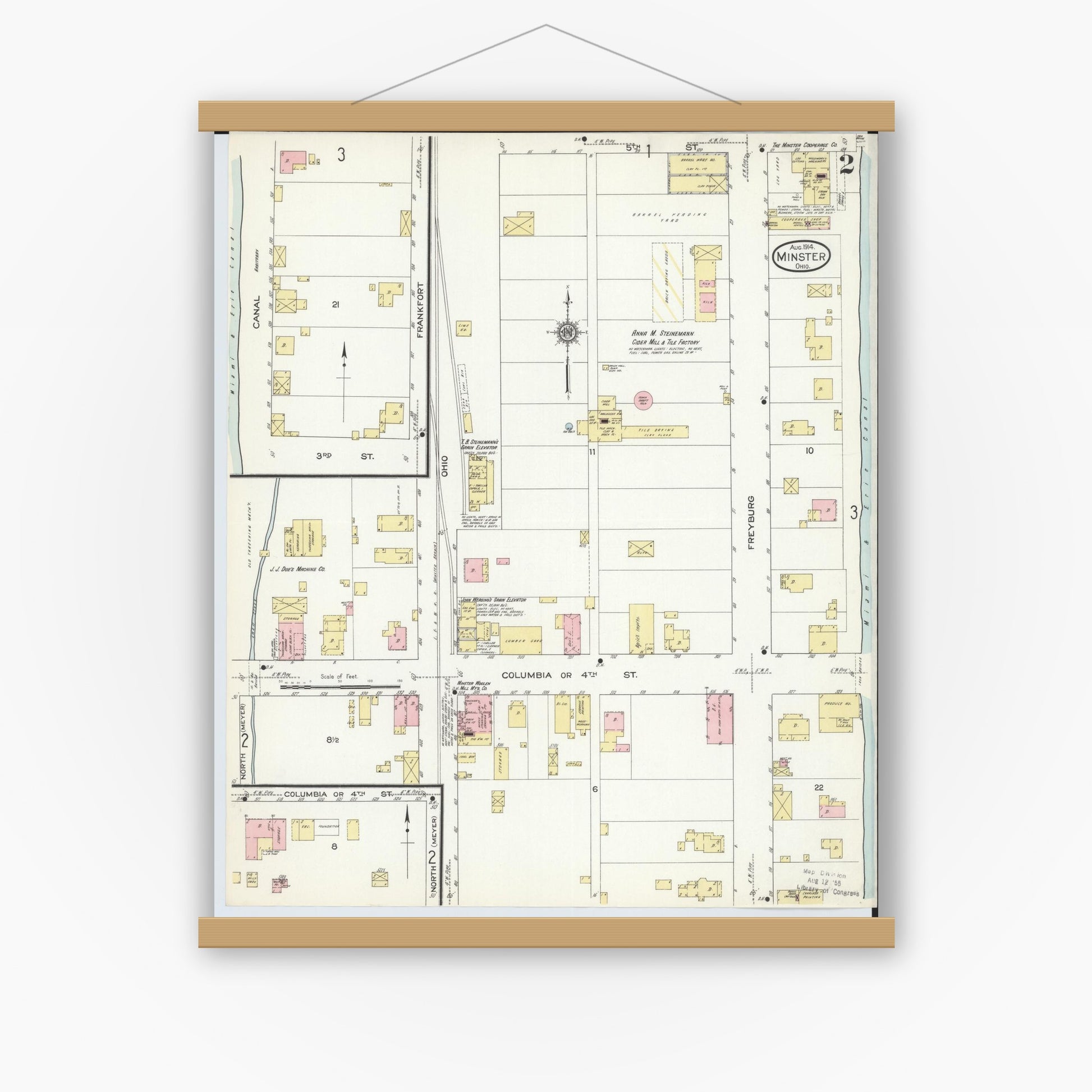 Old map wall art mockup — magnetic wood frame on white wall — Sanborn Fire Insurance Map from Minster, Auglaize County, Ohio (1914), Sheet #0002