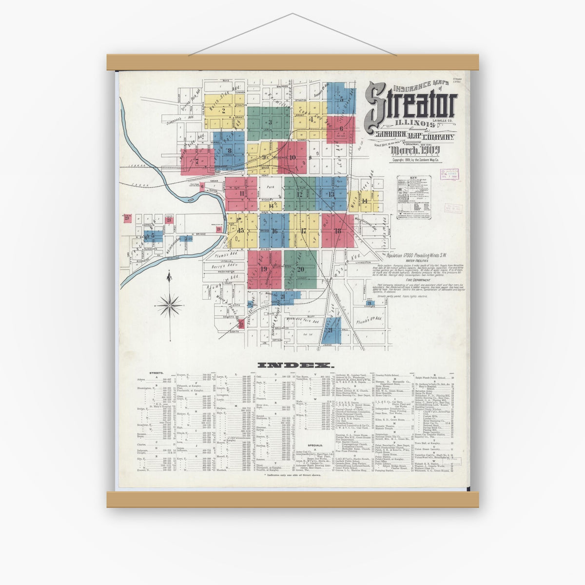 Old map wall art mockup — magnetic wood frame on white wall — Sanborn Fire Insurance Map from Streator, La Salle County, Illinois (1909) - Complete Map Set
