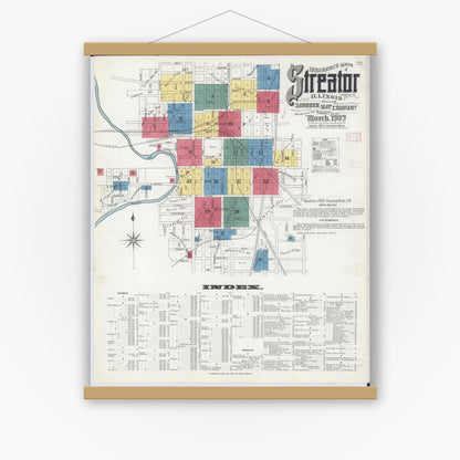 Old map wall art mockup — magnetic wood frame on white wall — Sanborn Fire Insurance Map from Streator, La Salle County, Illinois (1909) - Complete Map Set