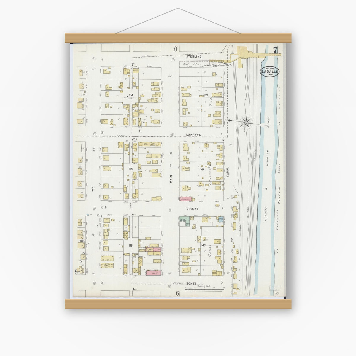 Old map wall art mockup — magnetic wood frame on white wall — Sanborn Fire Insurance Map from La Salle, La Salle County, Illinois (1898), Sheet #0007