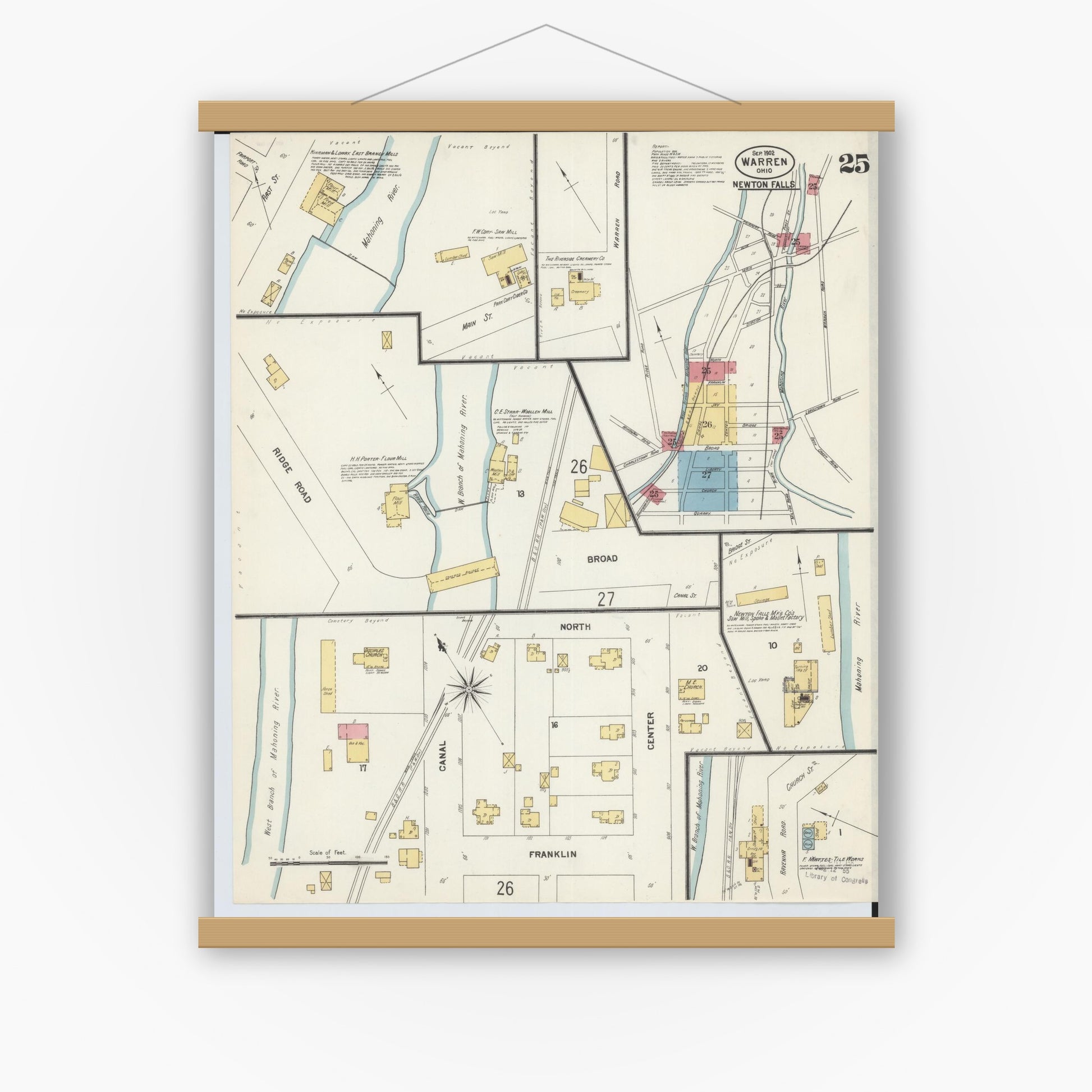 Old map wall art mockup — magnetic wood frame on white wall — Sanborn Fire Insurance Map from Warren, Trumbull County, Ohio (1902), Sheet #0025