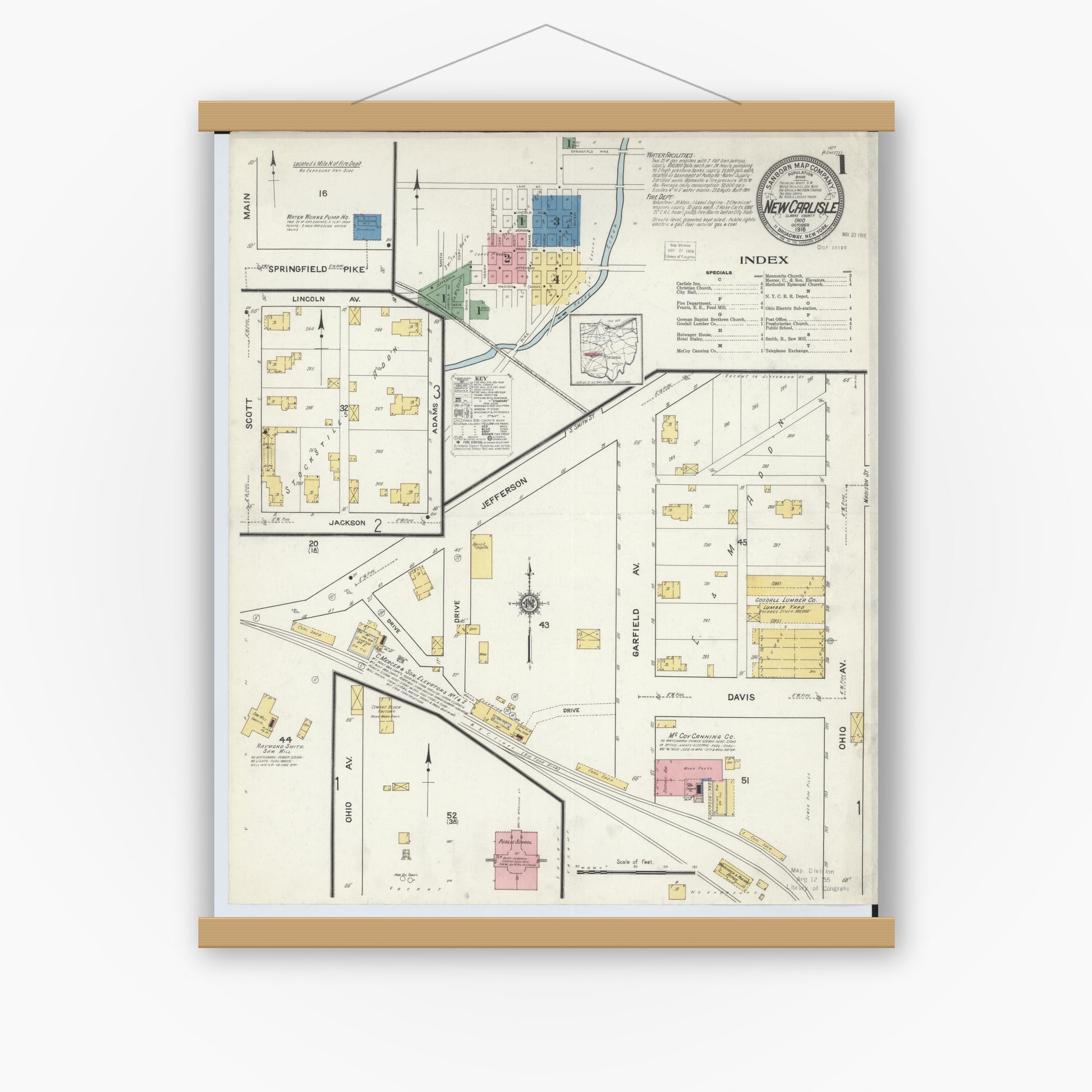 Old map wall art mockup — magnetic wood frame on white wall — Sanborn Fire Insurance Map from New Carlisle, Clarke County, Ohio (1916) - Complete Map Set