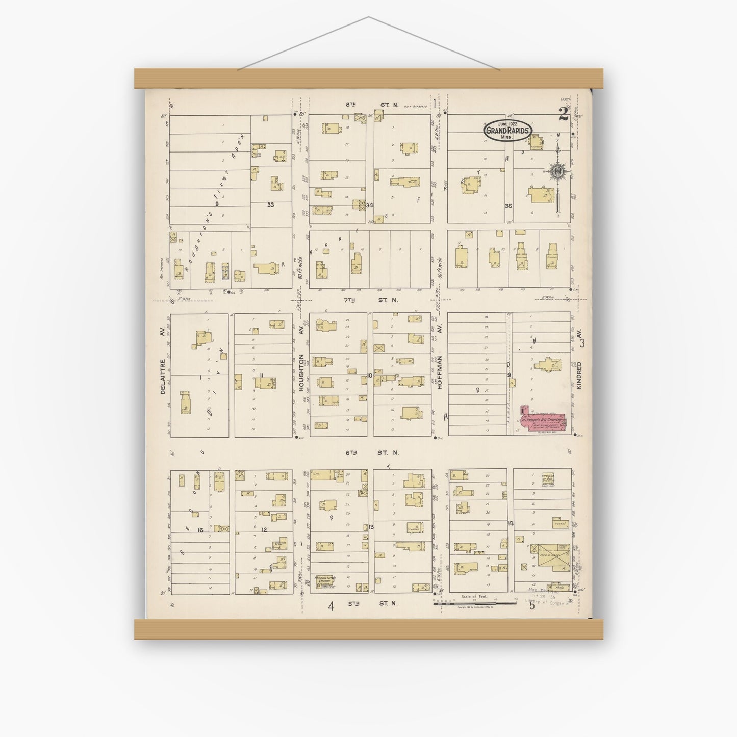 Old map wall art mockup — magnetic wood frame on white wall — Sanborn Fire Insurance Map from Grand Rapids, Itasca County, Minnesota (1922), Sheet #0002
