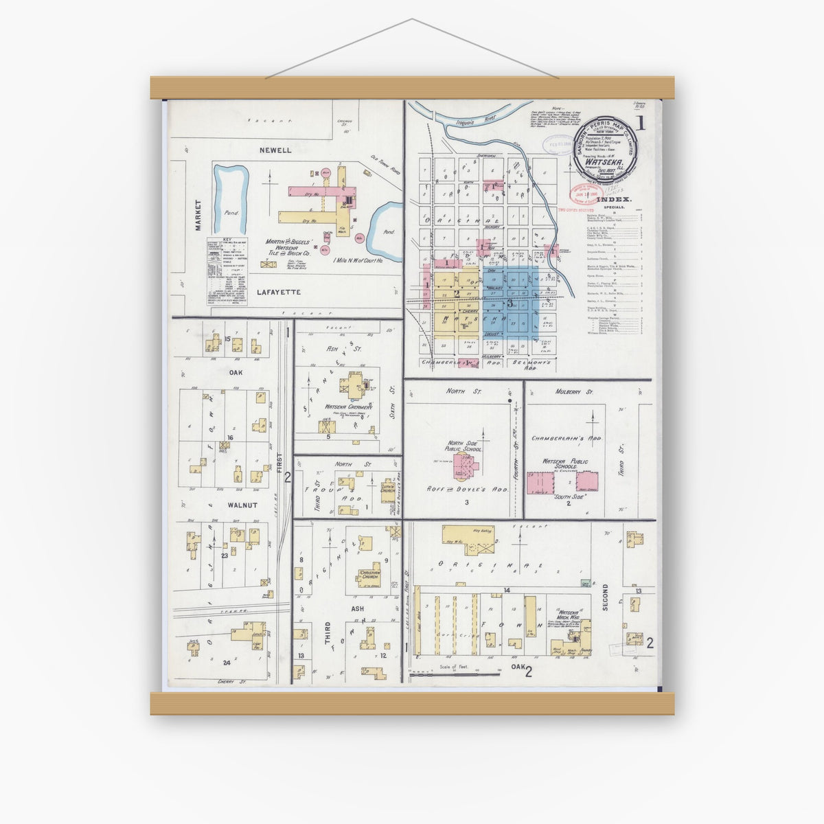 Old map wall art mockup — magnetic wood frame on white wall — Sanborn Fire Insurance Map from Watseka, Iroquois County, Illinois (1897) - Complete Map Set