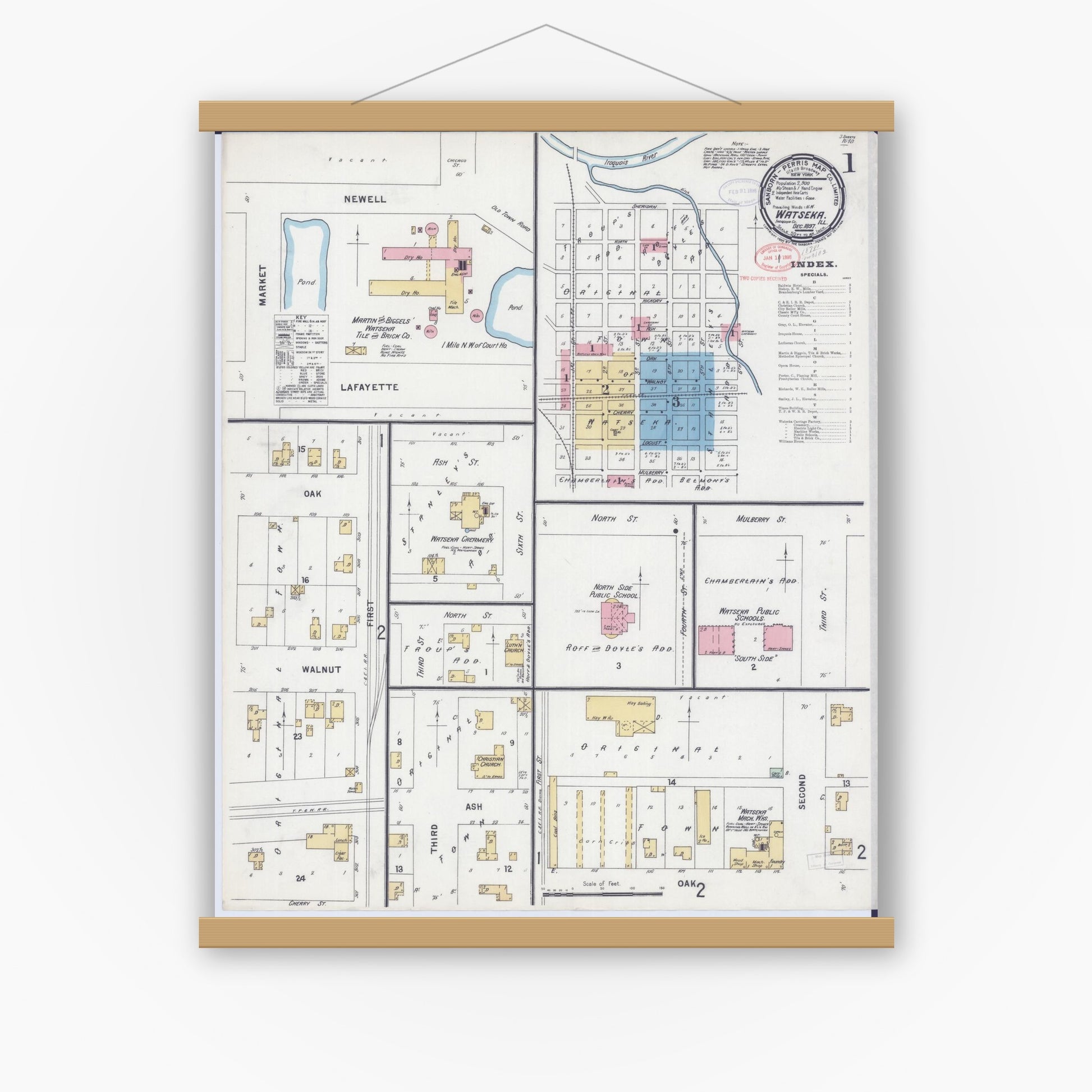 Old map wall art mockup — magnetic wood frame on white wall — Sanborn Fire Insurance Map from Watseka, Iroquois County, Illinois (1897) - Complete Map Set