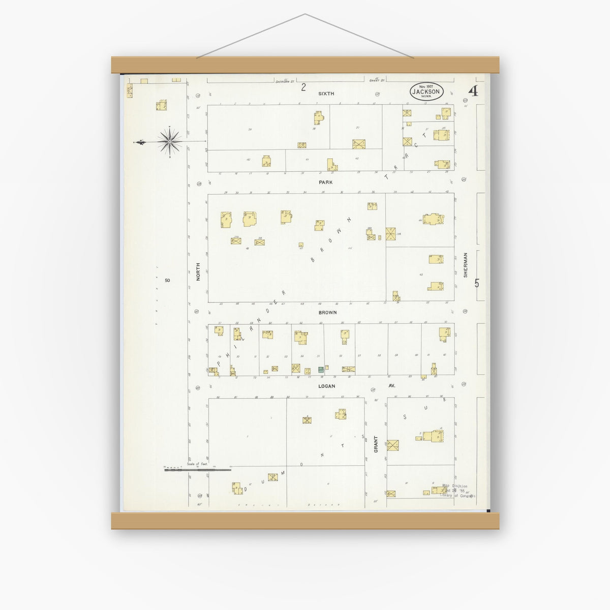 Old map wall art mockup — magnetic wood frame on white wall — Sanborn Fire Insurance Map from Jackson, Jackson County, Minnesota (1907), Sheet #0004