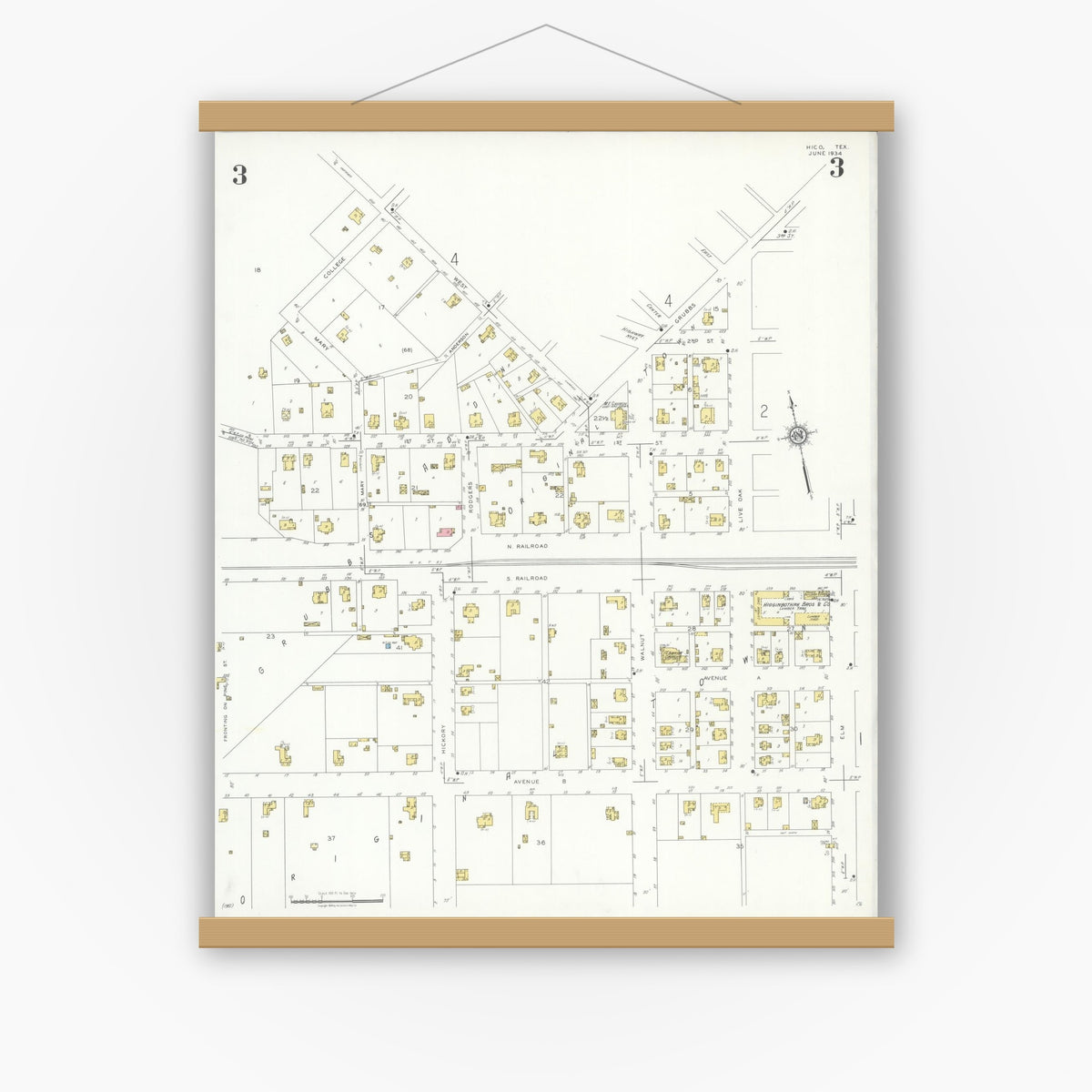 Old map wall art mockup — magnetic wood frame on white wall — Sanborn Fire Insurance Map from Hico, Hamilton County, Texas (1934), Sheet #0003