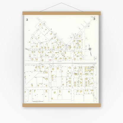Old map wall art mockup — magnetic wood frame on white wall — Sanborn Fire Insurance Map from Hico, Hamilton County, Texas (1934), Sheet #0003