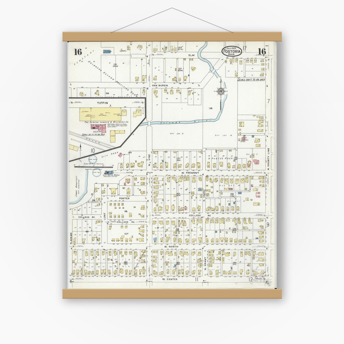 Old map wall art mockup — magnetic wood frame on white wall — Sanborn Fire Insurance Map from Fostoria, Seneca, Hancock, And Wood Counties, Ohio (1924), Sheet #0016
