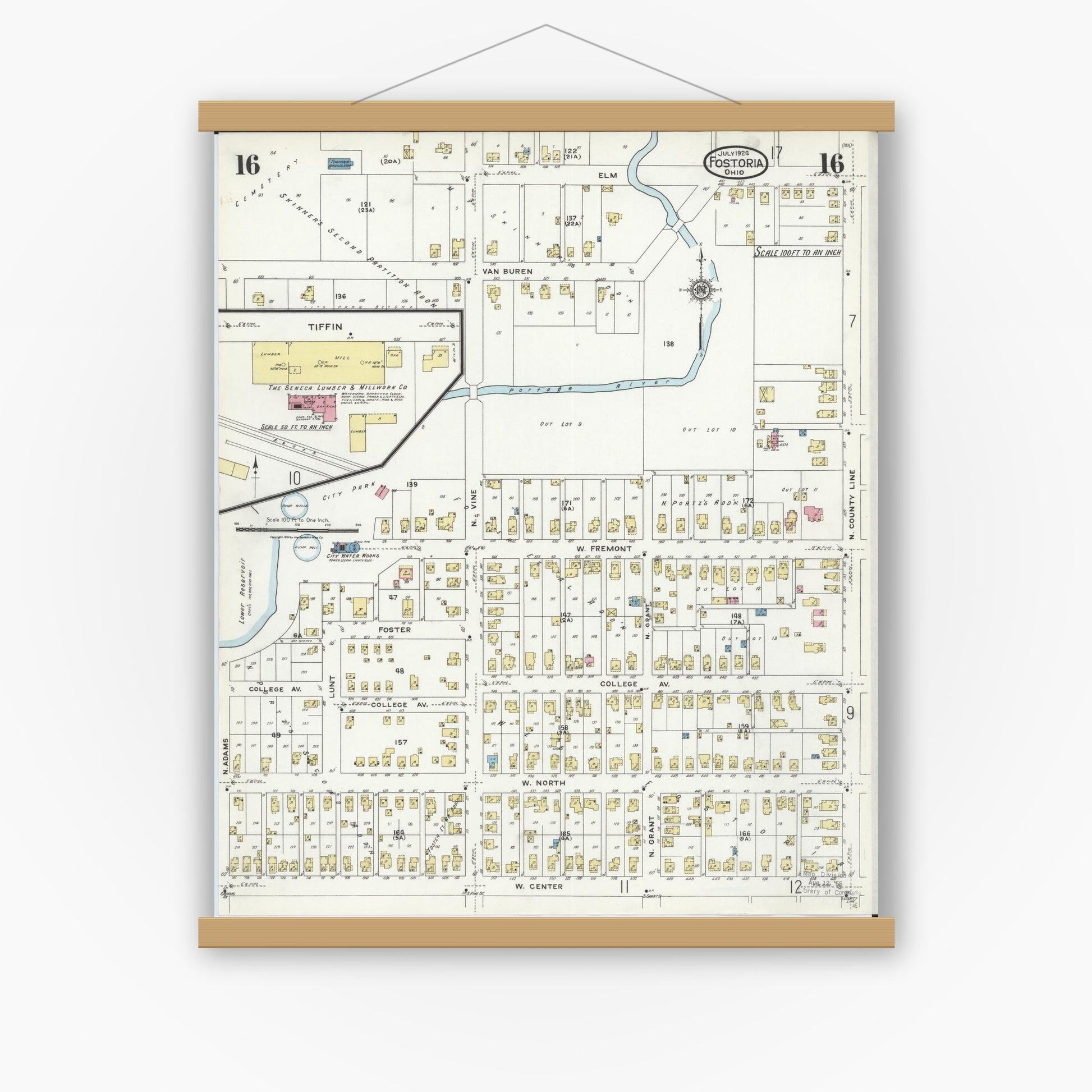 Old map wall art mockup — magnetic wood frame on white wall — Sanborn Fire Insurance Map from Fostoria, Seneca, Hancock, And Wood Counties, Ohio (1924), Sheet #0016