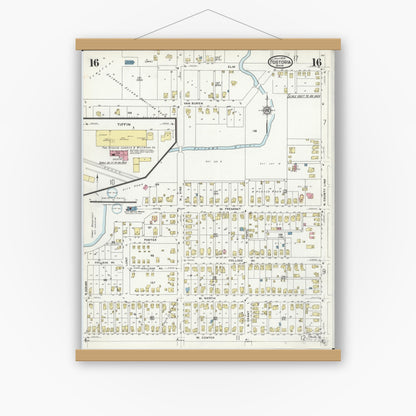 Old map wall art mockup — magnetic wood frame on white wall — Sanborn Fire Insurance Map from Fostoria, Seneca, Hancock, And Wood Counties, Ohio (1924), Sheet #0016