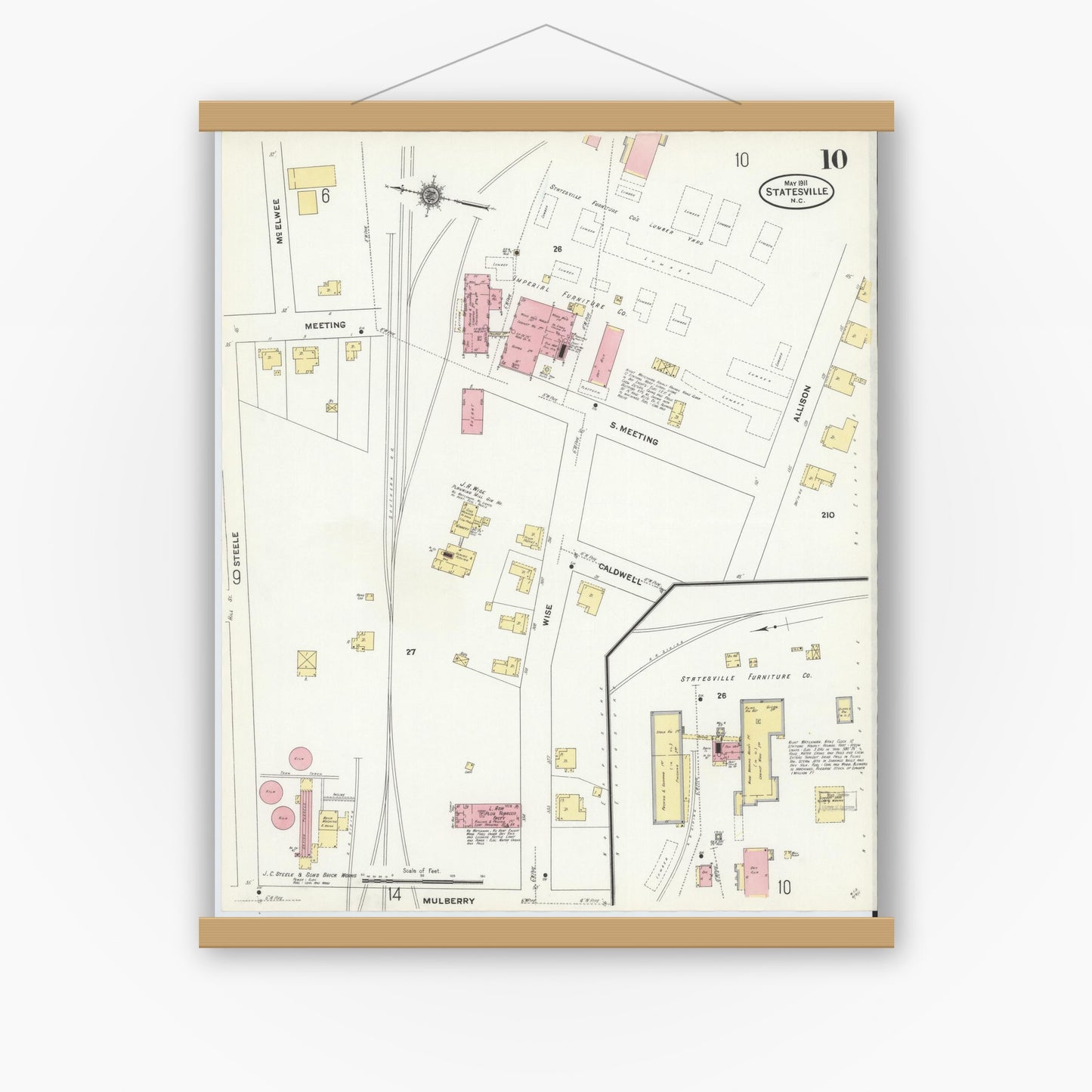 Old map wall art mockup — magnetic wood frame on white wall — Sanborn Fire Insurance Map from Statesville, Iredell County, North Carolina (1911), Sheet #0010