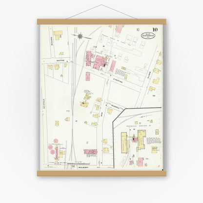 Old map wall art mockup — magnetic wood frame on white wall — Sanborn Fire Insurance Map from Statesville, Iredell County, North Carolina (1911), Sheet #0010