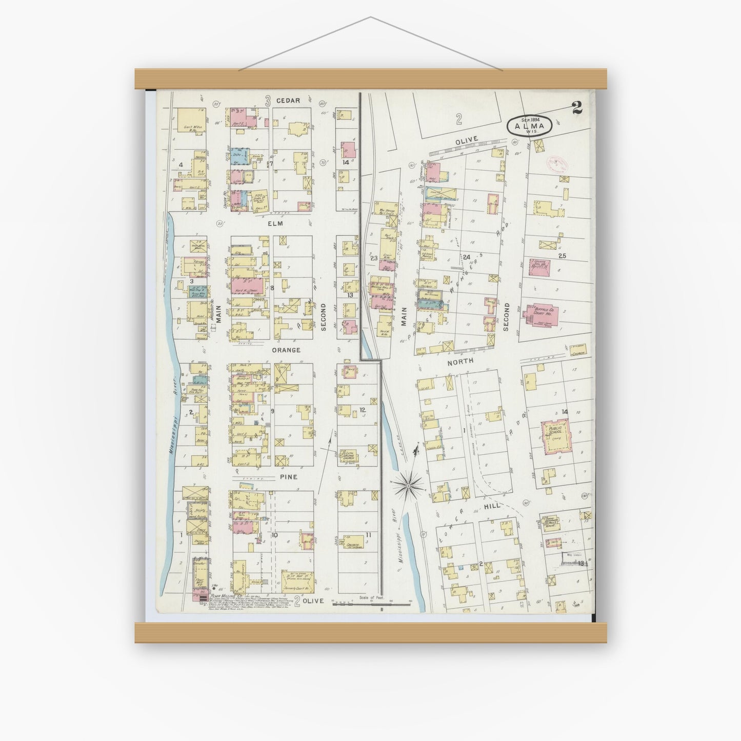 Old map wall art mockup — magnetic wood frame on white wall — Sanborn Fire Insurance Map from Alma, Buffalo County, Wisconsin (1894), Sheet #0002