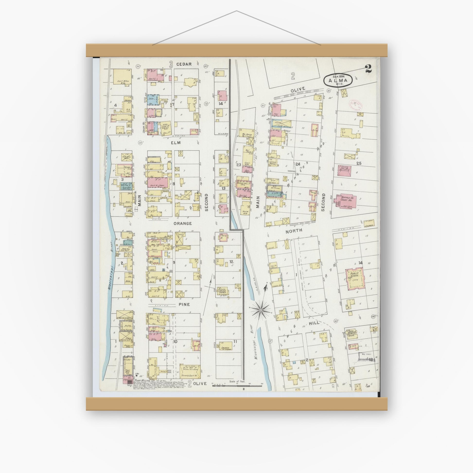 Old map wall art mockup — magnetic wood frame on white wall — Sanborn Fire Insurance Map from Alma, Buffalo County, Wisconsin (1894), Sheet #0002