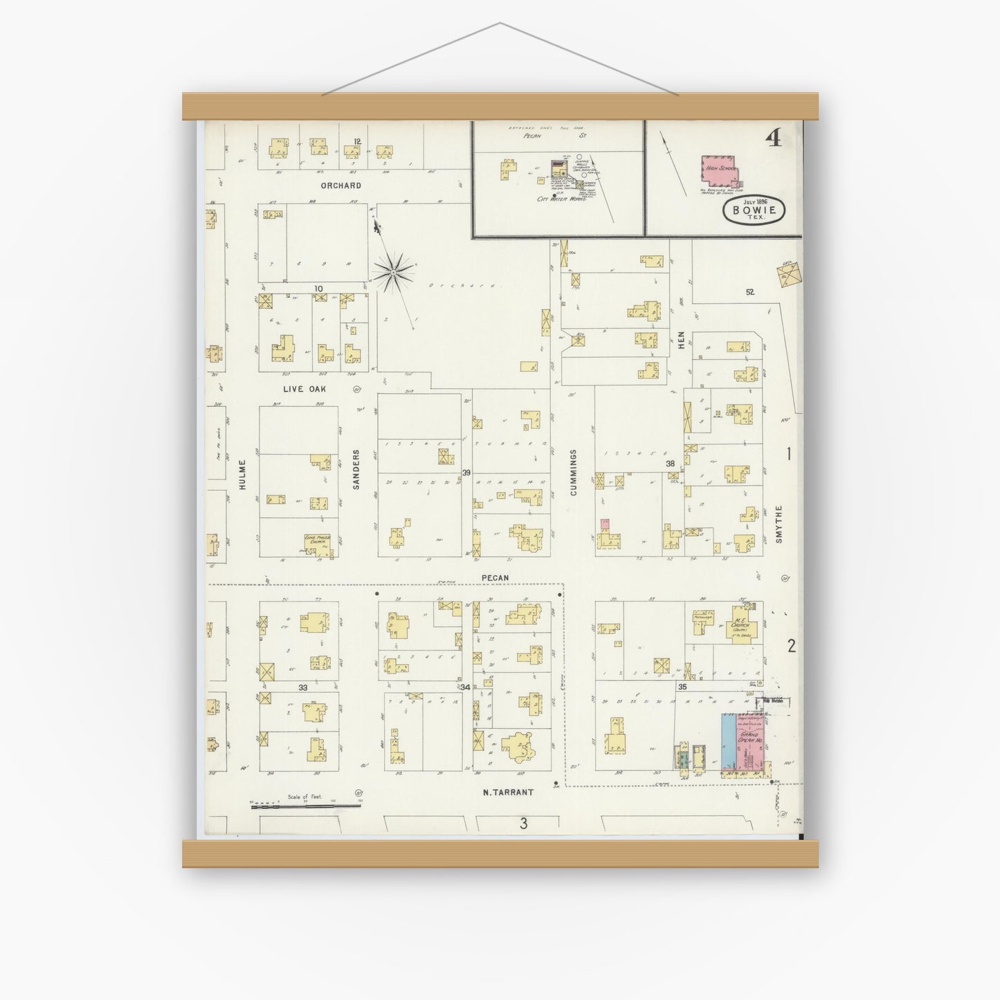 Old map wall art mockup — magnetic wood frame on white wall — Sanborn Fire Insurance Map from Bowie, Montague County, Texas (1896), Sheet #0004