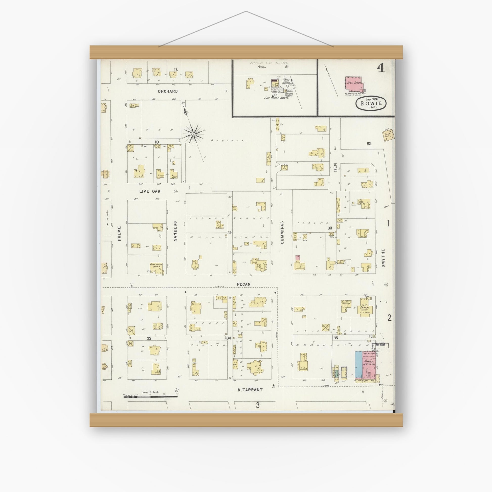 Old map wall art mockup — magnetic wood frame on white wall — Sanborn Fire Insurance Map from Bowie, Montague County, Texas (1896), Sheet #0004