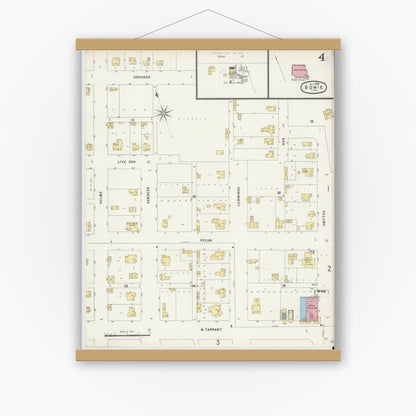 Old map wall art mockup — magnetic wood frame on white wall — Sanborn Fire Insurance Map from Bowie, Montague County, Texas (1896), Sheet #0004