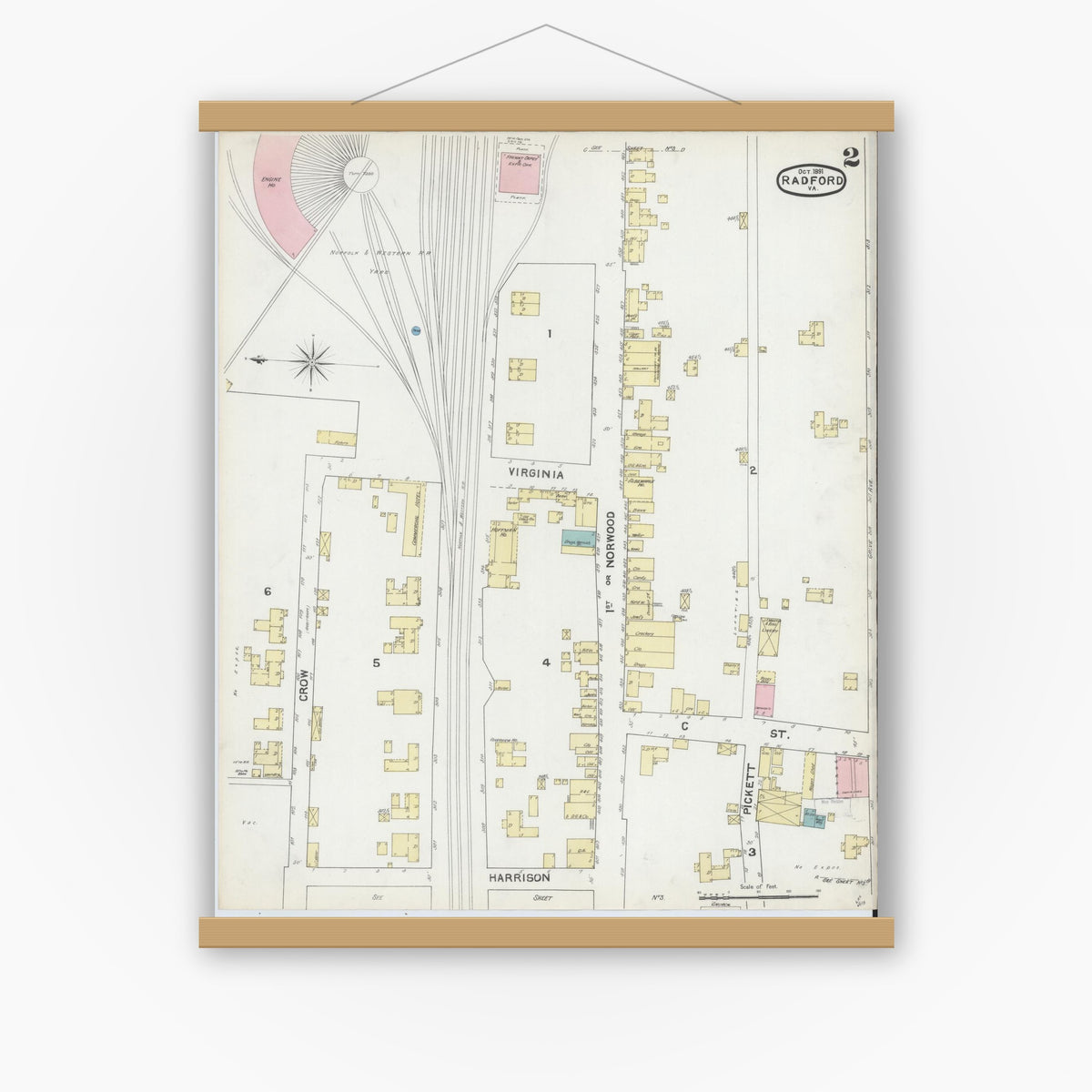 Old map wall art mockup — magnetic wood frame on white wall — Sanborn Fire Insurance Map from Radford, Independent Cities, Virginia (1891), Sheet #0002