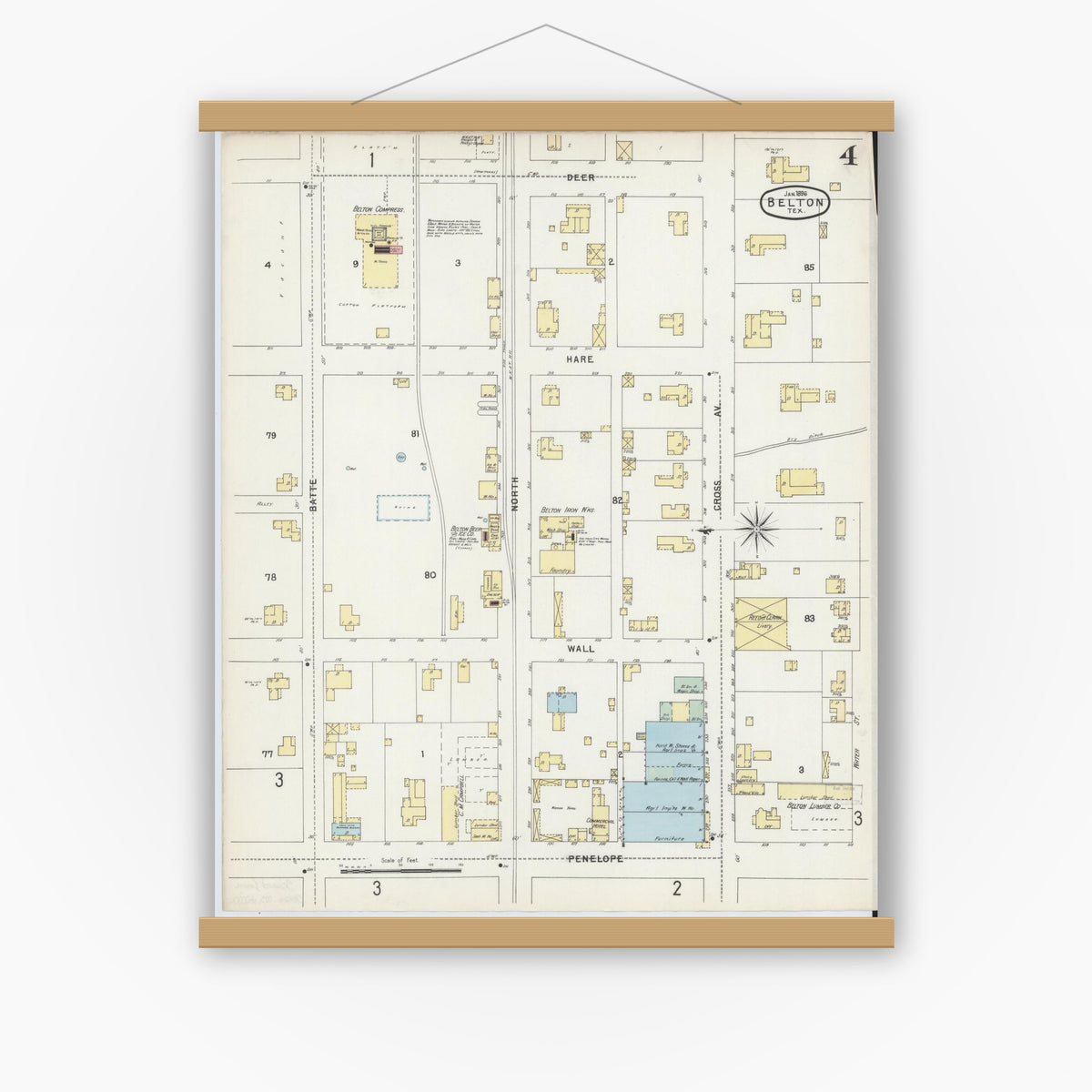 Old map wall art mockup — magnetic wood frame on white wall — Sanborn Fire Insurance Map from Belton, Bell County, Texas (1896), Sheet #0004