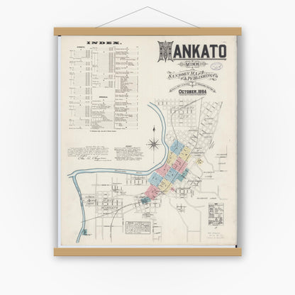 Old map wall art mockup — magnetic wood frame on white wall — Sanborn Fire Insurance Map from Mankato, Blue Earth County, Minnesota (1884) - Complete Map Set