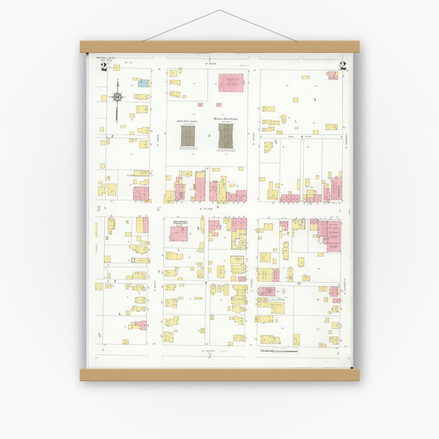 Old map wall art mockup — magnetic wood frame on white wall — Sanborn Fire Insurance Map from Bethel, Clermont County, Ohio (1933), Sheet #0002