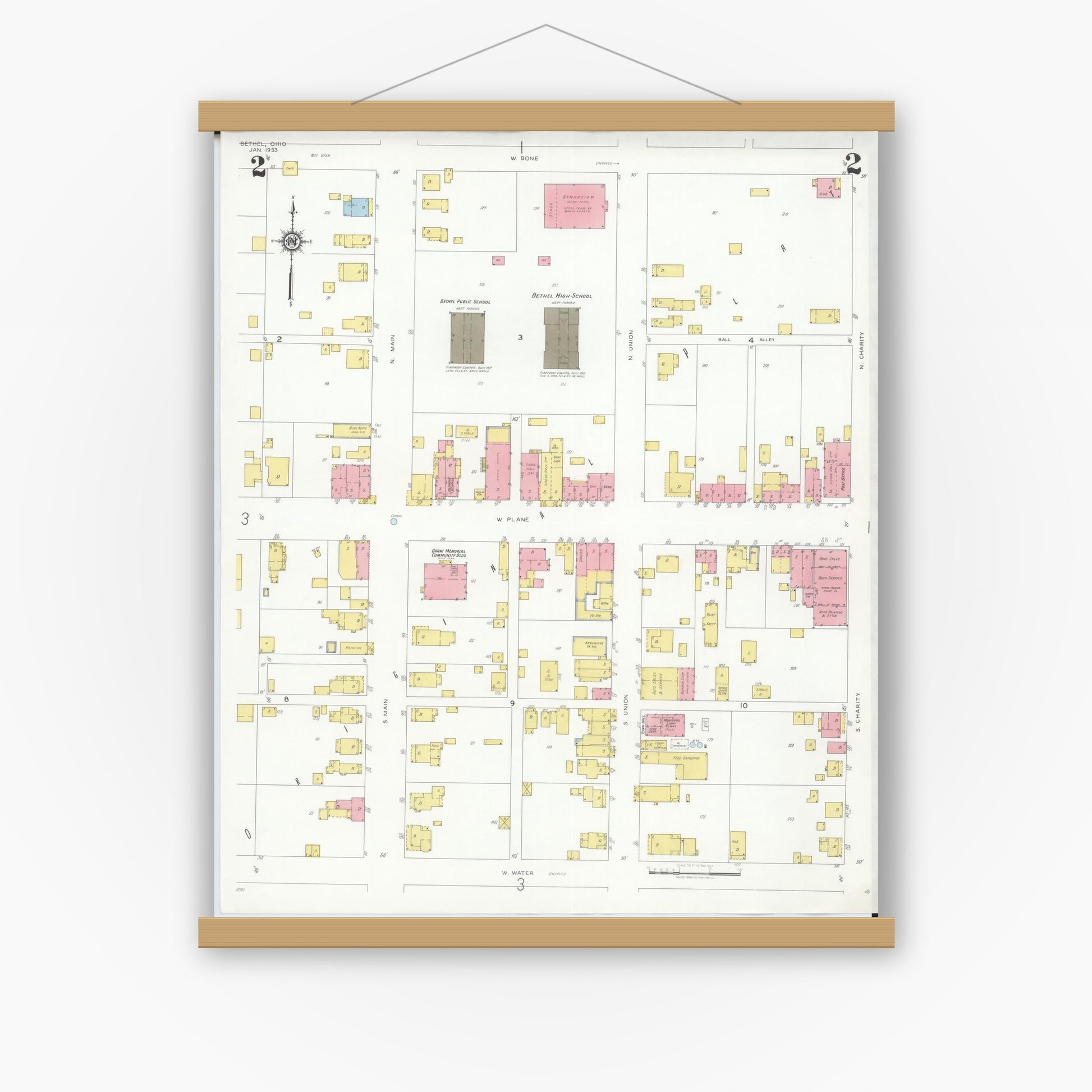 Old map wall art mockup — magnetic wood frame on white wall — Sanborn Fire Insurance Map from Bethel, Clermont County, Ohio (1933), Sheet #0002