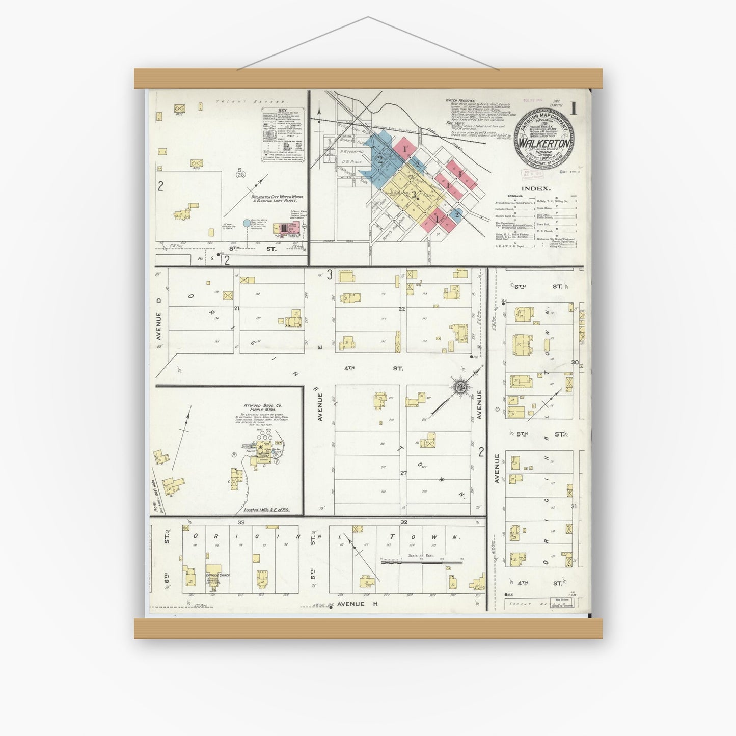 Old map wall art mockup — magnetic wood frame on white wall — Sanborn Fire Insurance Map from Walkerton, Saint Joseph County, Indiana (1909) - Complete Map Set