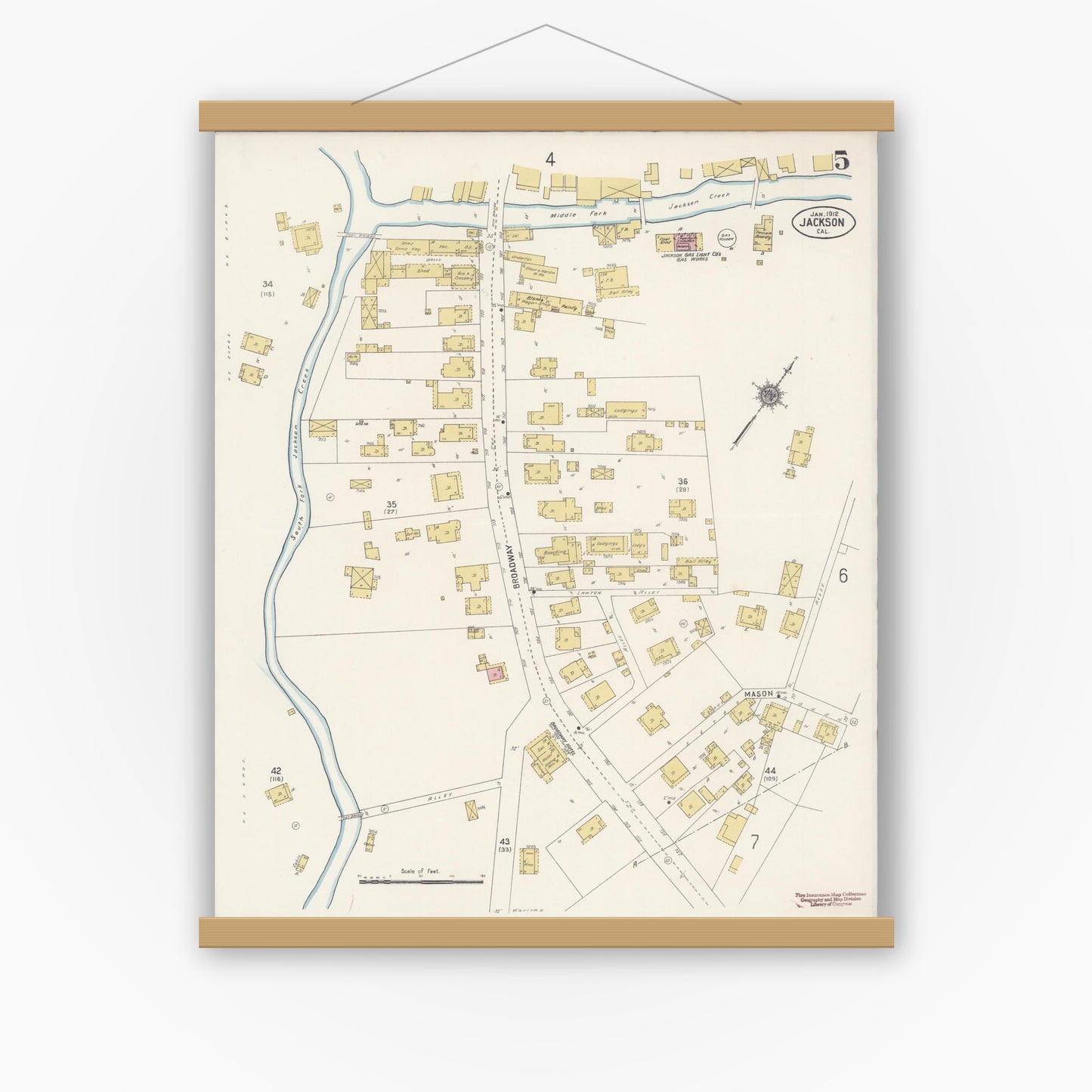 Old map wall art mockup — magnetic wood frame on white wall — Sanborn Fire Insurance Map from Jackson, Amador County, California (1912), Sheet #0005