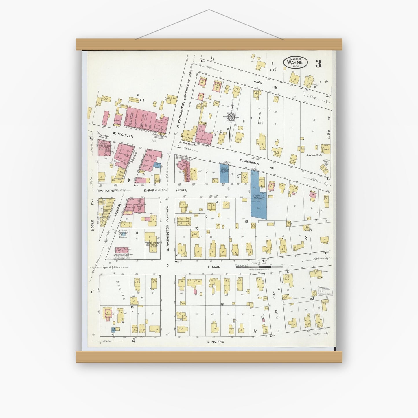 Old map wall art mockup — magnetic wood frame on white wall — Sanborn Fire Insurance Map from Wayne, Wayne County, Michigan (1919), Sheet #0003