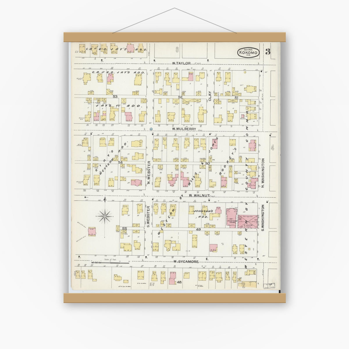 Old map wall art mockup — magnetic wood frame on white wall — Sanborn Fire Insurance Map from Kokomo, Howard County, Indiana (1892), Sheet #0003