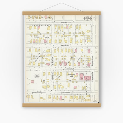 Old map wall art mockup — magnetic wood frame on white wall — Sanborn Fire Insurance Map from Kokomo, Howard County, Indiana (1892), Sheet #0003