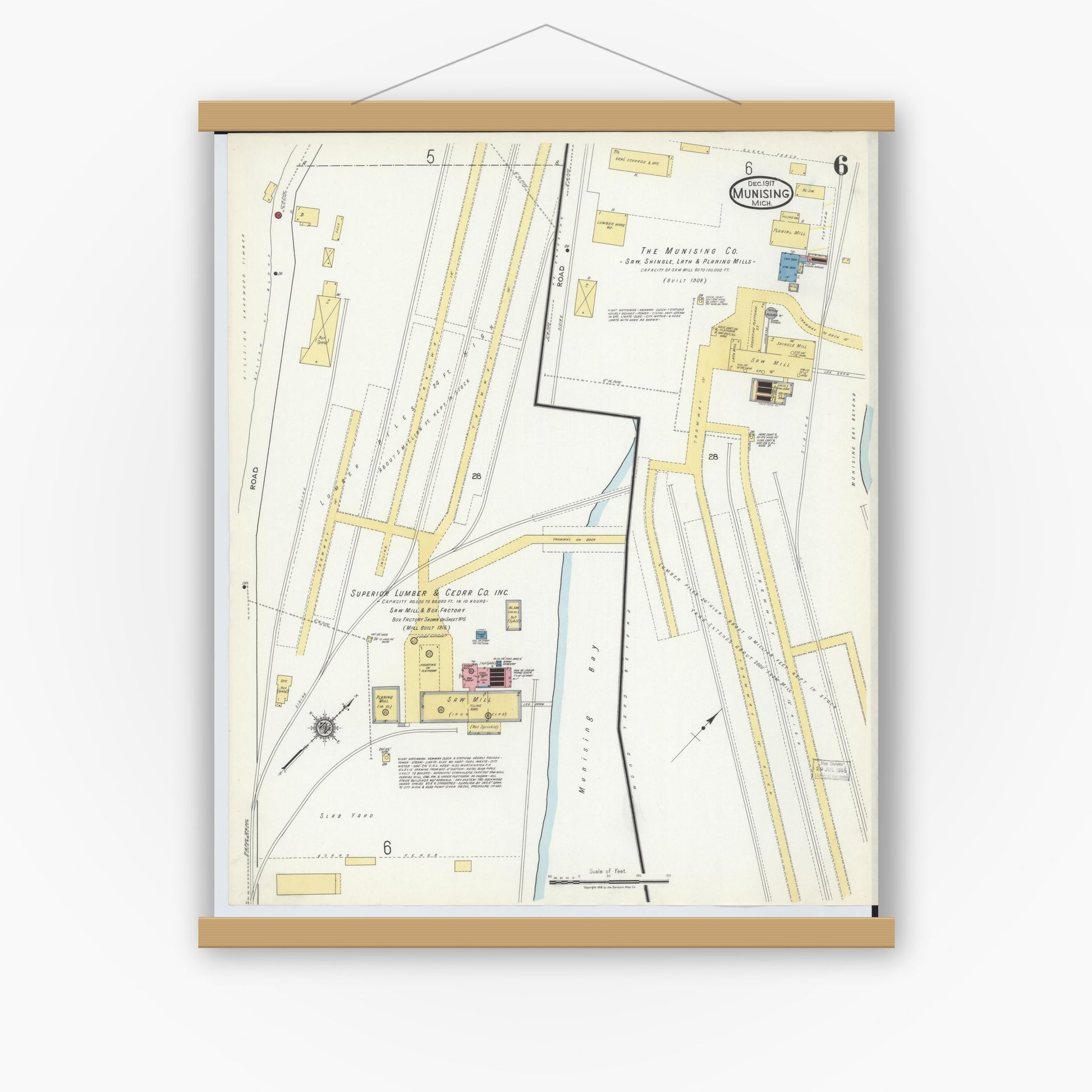 Old map wall art mockup — magnetic wood frame on white wall — Sanborn Fire Insurance Map from Munising, Alger County, Michigan (1917), Sheet #0006