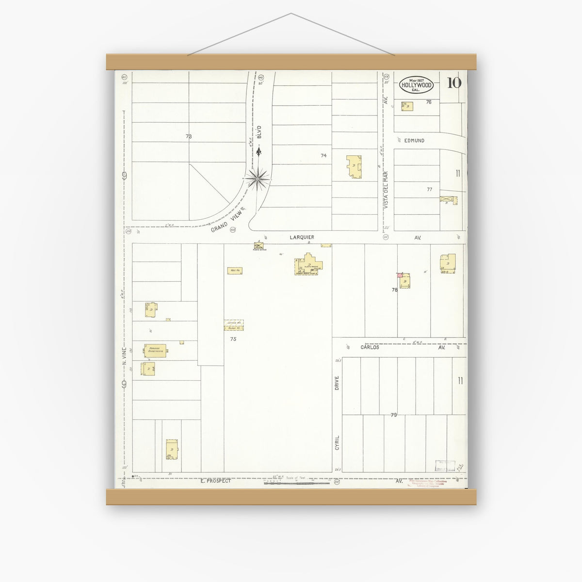 Old map wall art mockup — magnetic wood frame on white wall — Sanborn Fire Insurance Map from Hollywood, Los Angeles County, California (1907), Sheet #0010