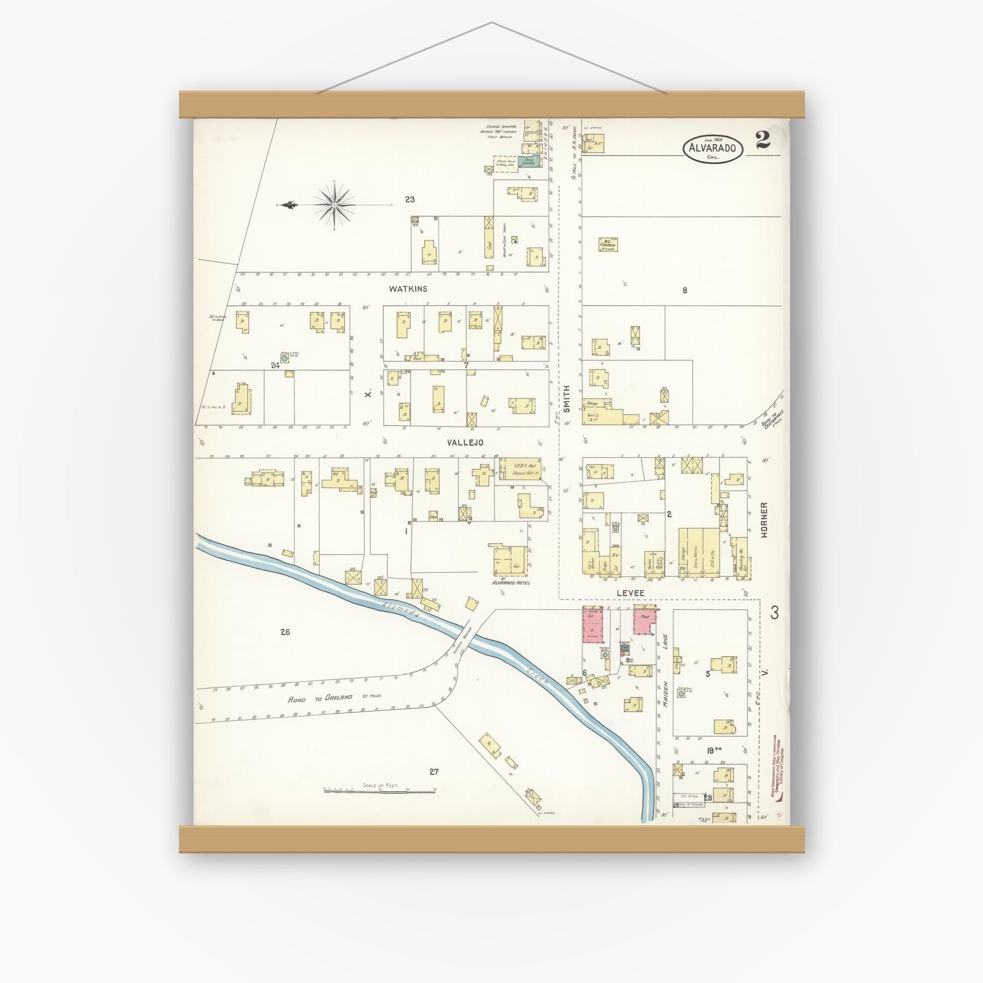 Old map wall art mockup — magnetic wood frame on white wall — Sanborn Fire Insurance Map from Alvarado, Alameda County, California (1901), Sheet #0002