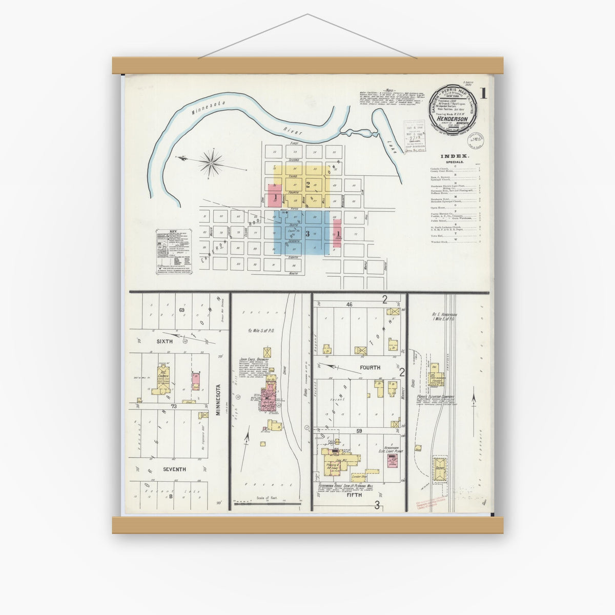 Old map wall art mockup — magnetic wood frame on white wall — Sanborn Fire Insurance Map from Henderson, Sibley County, Minnesota (1900) - Complete Map Set