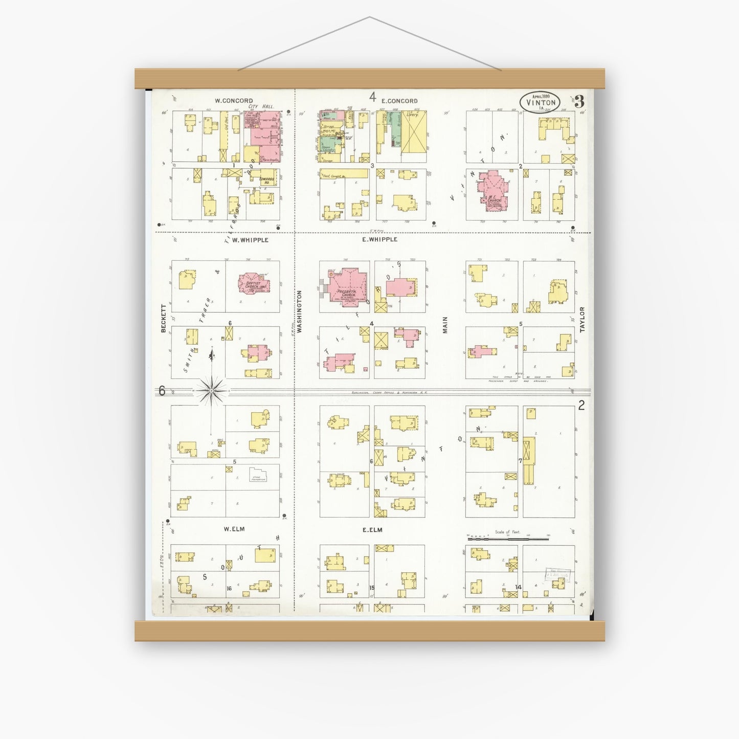 Old map wall art mockup — magnetic wood frame on white wall — Sanborn Fire Insurance Map from Vinton, Benton County, Iowa (1899), Sheet #0003